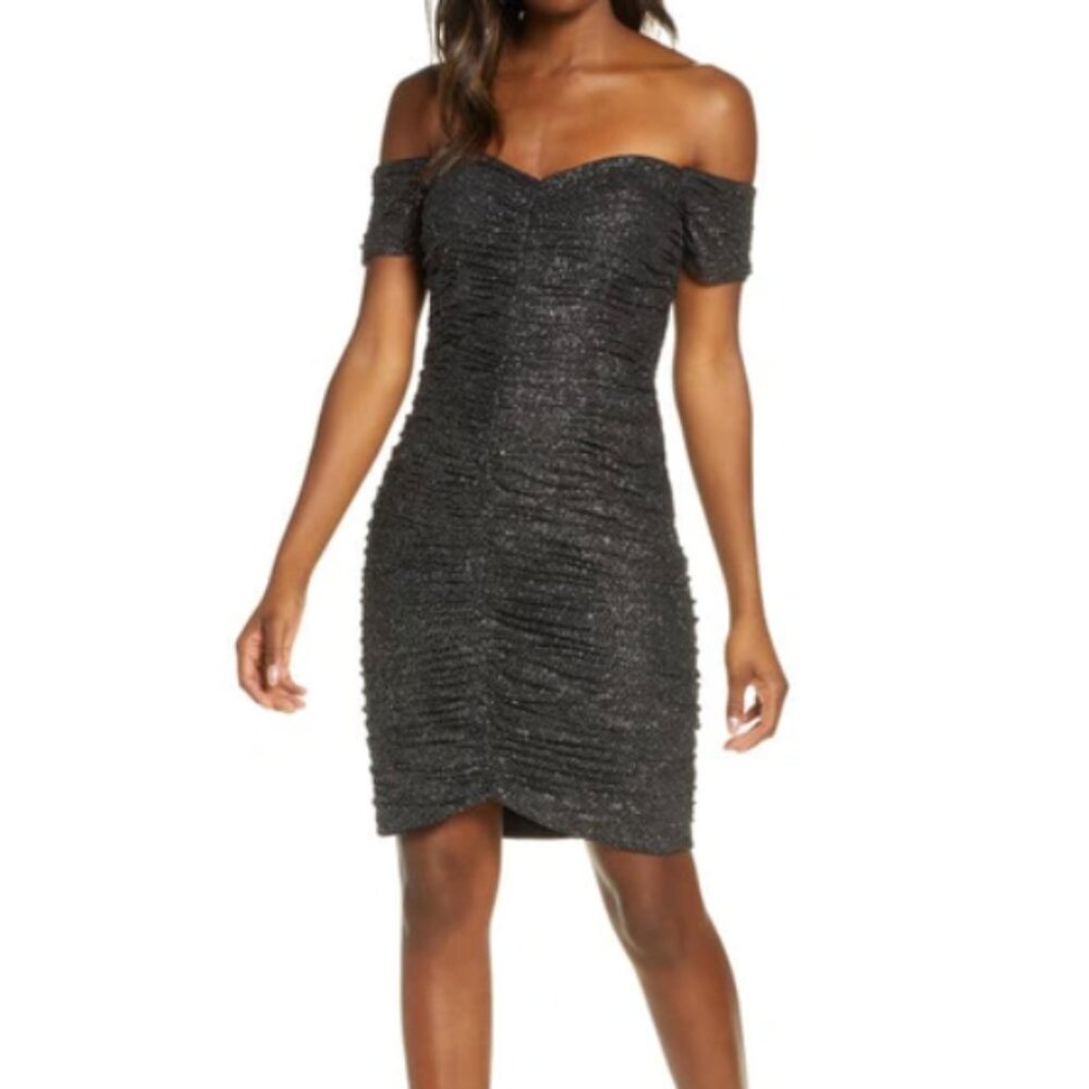 Eliza J Sparkle Ruched Off-The-Shoulder Cocktail Dress Black & Silver, Size 2